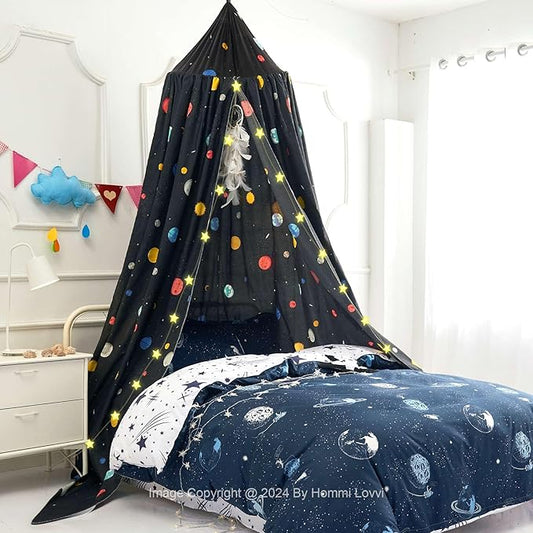 Space Planets Print Kids Bed Canopy, Girls Princess Bed Canopy Dreamy Room Decor, Soft Hanging Reading Nook Play Tent Canopy, Extra Large Full Size Bed Canopy with String Light