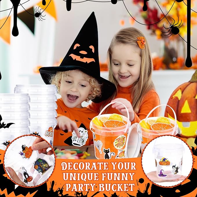 Sliner 20 Pcs 33.8 oz Clear Plastic Bucket with Lid and Handle and 100 Halloween Horror Stickers Halloween Trick or Treat Cocktail Rum Buckets for Drinks Food Storage Container Plastic Pail for Party