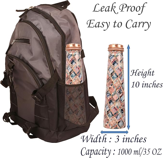 Pure Copper Water Bottle - Handcrafted - Ayurveda Health Benefits -Mosaic Colorful Printed Tower Shape 35 OZ - Leak proof - Easy to carry For Sports, Fitness, Yoga, School - Vintage Enamel.