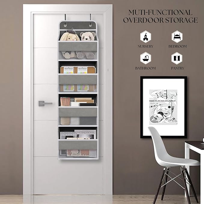 Heavy Duty Over Door Organizer, Wall Mount Hanging Organizer Storage with 4 Large Capacity Pockets, Closet Bathroom Nursery Bedroom Dorm, Toys Cosmetics Sundries and Baby Essentials, Gray