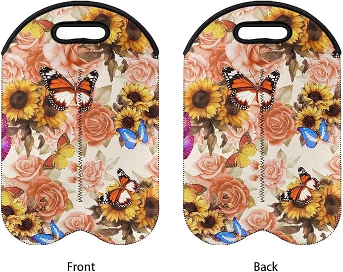 doginthehole Rose Butterfly Wine Bag Two Bottles Wine Bottle Carriers Tote Sunflower Print Wine Carrying Cooler Tote Bag Reusable Wine Bottle Protector Neoprene Protective Sleeve