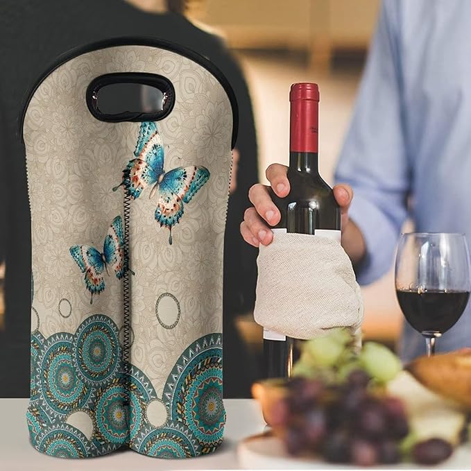 doginthehole 2 Bottle Wine Bag Boho Butterfly Wine Bottle Protector Carrier Tote Bag Portable Neoprene Hand Bag Champagne Bottle Holder for Travel with Handle