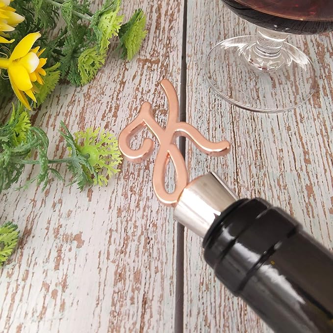 Monogram Wine and Beverage Bottle Stopper, Initial letter wine stoppers Decorative, Creative Wine Gift for Kitchen Bar Wedding Rose Gold Finish,Reusable, letter K