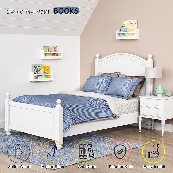 White Nursery Floating Bookshelves for Kids Room Wall Decor, Montessori Bookshelf and Corner Book Shelves for Bedroom, Spice Rack Shelf Organizer for Cabinet Small Spaces (Set of 3)