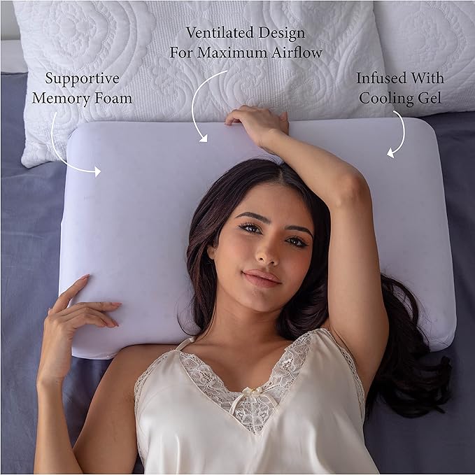 Pharmedoc Cooling Memory Foam Bed Rest Pillows, 1 Pack, Ventilated Lilac Dreamer, Reading, Standard, Back and Side Sleeper Support, Sleeping Pillows for Adults