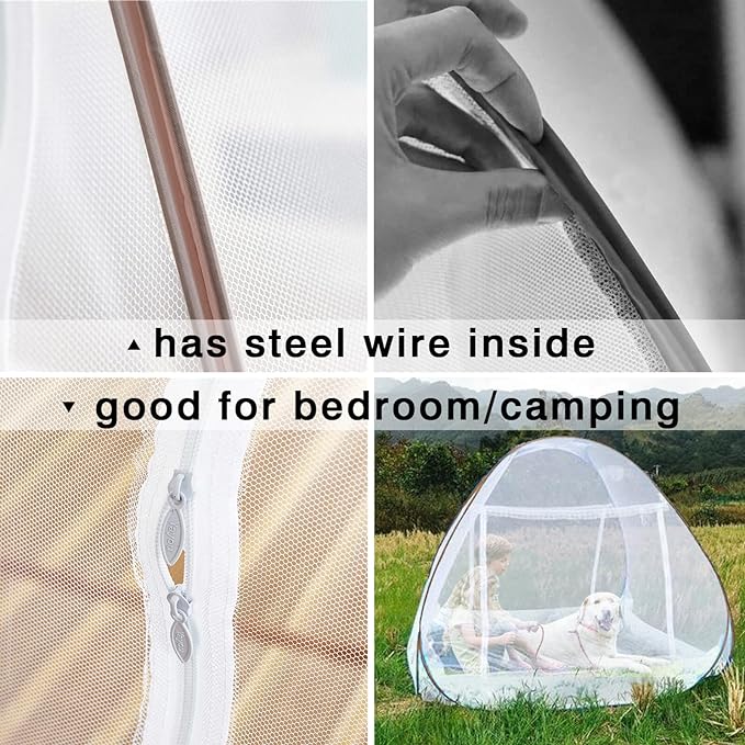 Pop Up Bed Net Tent for Bedroom with Net Bottom, Portable Double Door Travel Folding Design Bed Canopy, Foldable (Khaki-79 x71x59 inch)