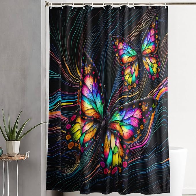 AILONEN Beautiful Butterfly Shower Curtain,Colorful Line Butterfly Bath Curtain for Bathroom for Boys,Girls,Boho Hippie Style Waterproof Fabric Shower Curtain Set with Hooks,60" W*72" H