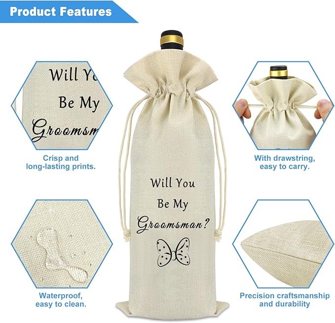 Groomsmen Proposal Gift Wine Bags Best Man Gifts Wedding Bachelor Party Gift for Groomsmen Best Man Friends from Groom Burlap Reusable Wine Gift Bags with Drawstrings Wine Bottle Bag