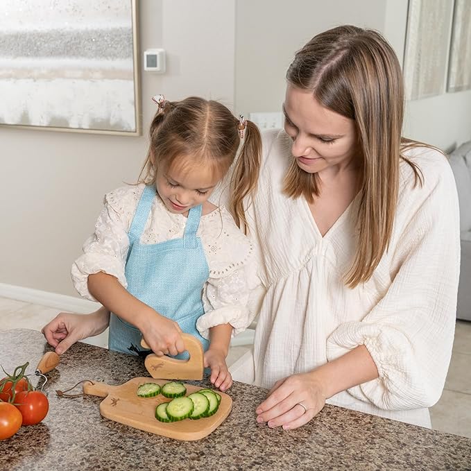 Kids Cooking Sets Real, 6 Piece Wooden Cooking Set for Kids with Montessori Kitchen Tools & Kids Aprons for Cooking, Food Grade Approved, Toddler Kitchen Set with Toddler Apron