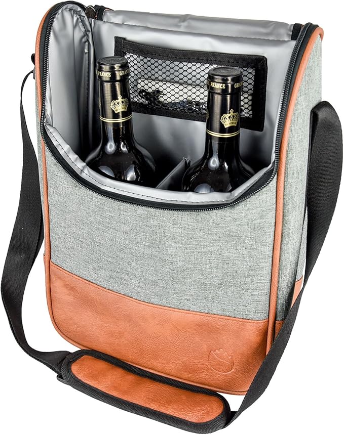 Freshore® Wine Leather Tote Cooler Insulated Bag - Luxury 2 Bottle Carrier Design For Lunch/Travel - Idea Gift For Women/Man