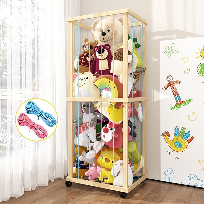 Stuffed Animal Zoo Storage Cage 55" Wood Large Stuffed Animal Storage Basket, Toy Storage for Big Small Stuffed Animals