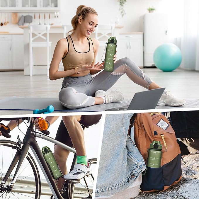 GOSWAG Water Bottles, 32 oz Motivational Sports Water Bottle with Straw and Time Marker to Remind You to Drink, Comes with Carry Strap, Leakproof