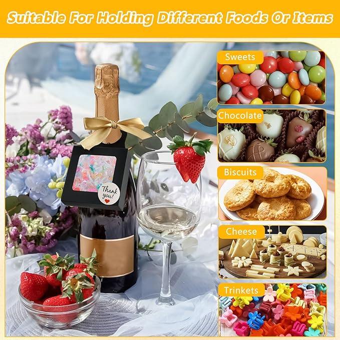 50 Pcs Wine Bottle Box with Window,Hanging Foldable Wine Boxes for Gifts, Kraft Paper Empty Bottle Hanger Box with Thank You Stickers and Champagne Ribbon for Candy Chocolate Cookies(Black)