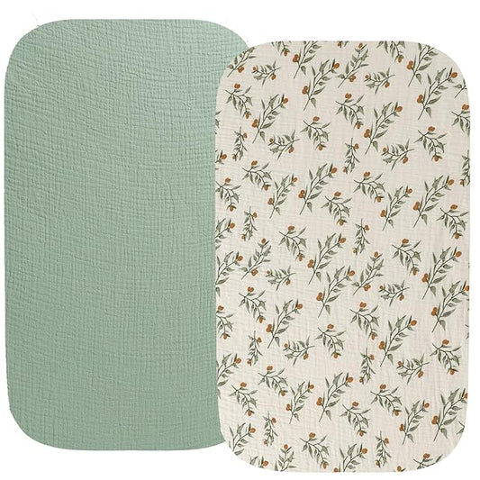 Muslin Bassinet Sheet Compatible with Arms Reach Co-Sleeper Bassinet, 2 Pack Cotton Stylish Boho Fitted Bassinet Sheets Super Soft for Baby Roman Green & Botanical Leaf