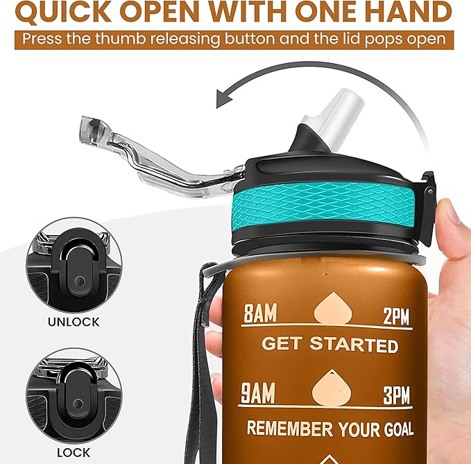 32oz Large Water Bottle with Motivational Time Marker - Sport Style with Deluxe Sip-Gulp Lid, Durable Tritan Plastic, Food Grade, Dishwasher Safe, Carry Strap (Light-Orange-Green)
