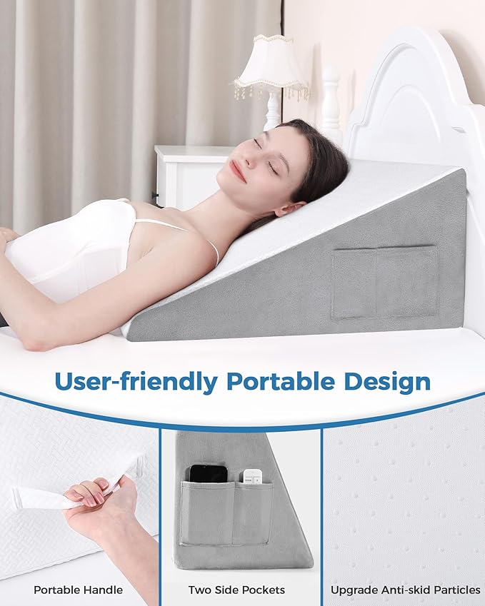 Wedge Pillow for Sleeping, 12 Inch Bed Wedge Pillow for After Surgery, Acid Reflux, Memory Foam Top Triangle Pillow Wedge for Head, Back, Leg with Knitted Breathable Cover