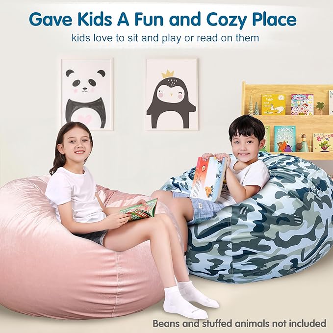 Lukeight Stuffed Animal Storage Bean Bag Chair Cover for Kids, Zipper Beanbag Chair Cover for Organizing Toddler and Kids' Rooms Plush Toys (Camo Velvet, Large)