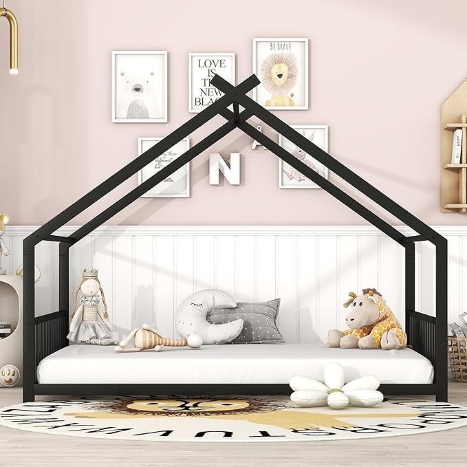Full Size Montessori Floor Bed with Headboard and Footboard, Metal House Bed Frame with Soundproof Strip for Children, Toddlers, Boys, Girls Bedroom, Kids Playroom, No Box Spring Needed(Black)