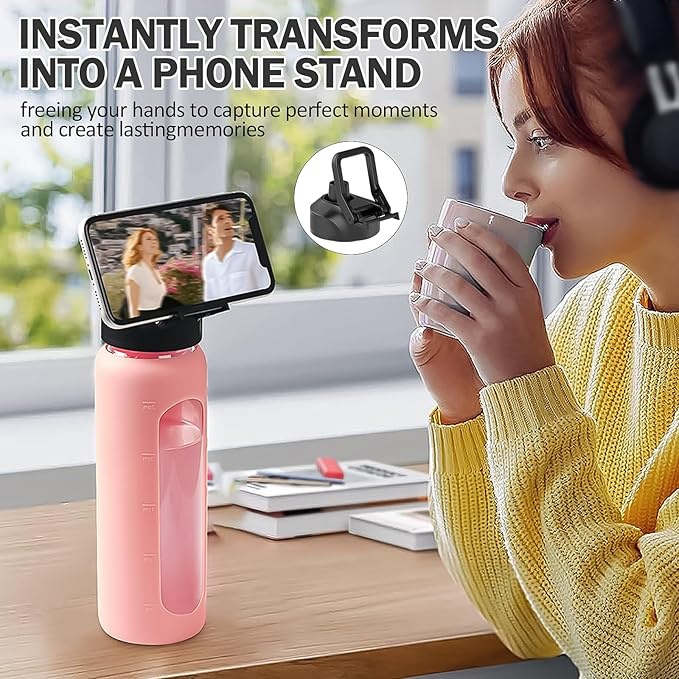 Glass Water Bottles with Straw -24oz- Water Bottle Phone Holder for Gym Sports Water Bottles with Silicone Sleeve Glass Drinking Bottles 2 Lids - Spout & Bamboo Straw Lid(Pink)