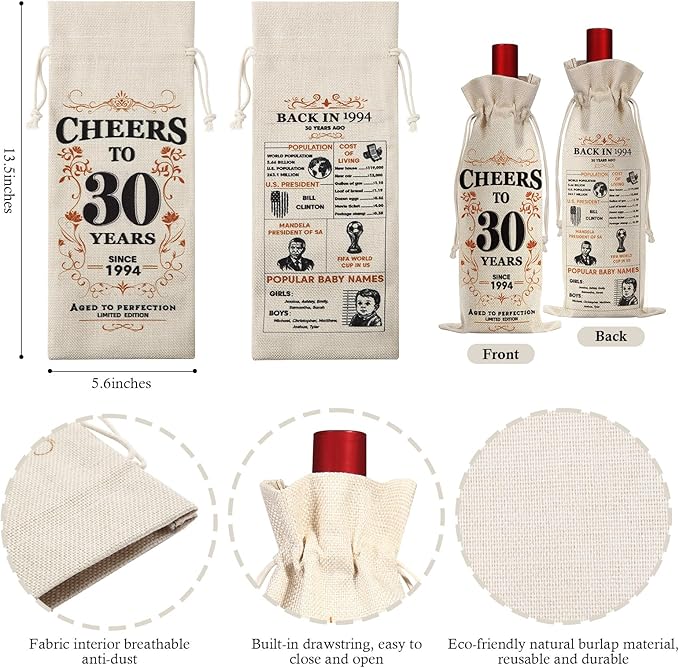 SpringWhisper 30th Birthday Gifts for Women Men Back in 1994 Birthday Gift 30 Years Old Gift Birthday Decoration Wine Bag Gift for Her Him Wine Gift Bag 30th Turning 30