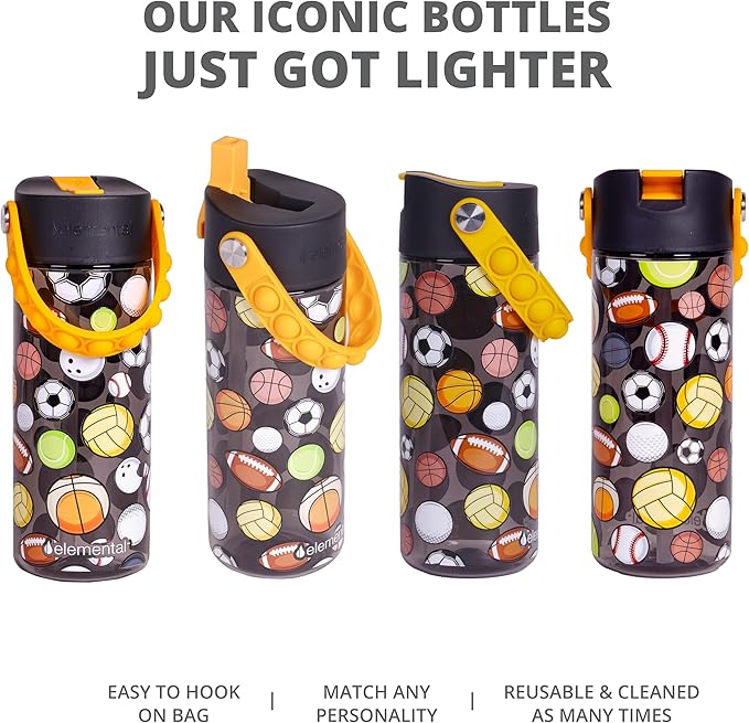 Elemental Leak Proof Water Bottles for Kids - Splash Kids Water Bottle for School with Fun Fidget Pop-it Handle - BPA Free Tritan Plastic Reusable Water Bottle with Straw - Sports Ball - 18oz