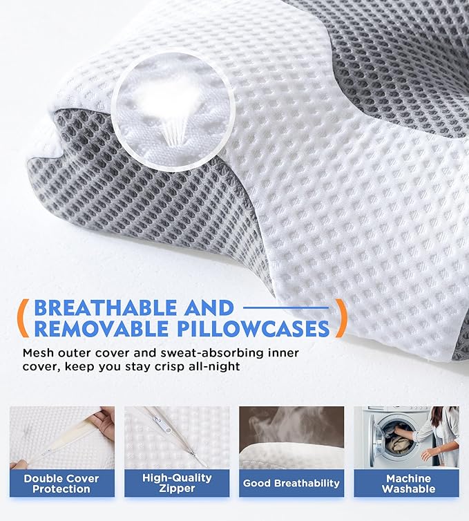 Cervical Pillow for Neck Pain Relief, Hollow Design Odorless Memory Foam Pillows with Cooling Case, Adjustable Orthopedic Bed Pillow for Sleeping, Contour Support for Side Back Stomach Sleepers