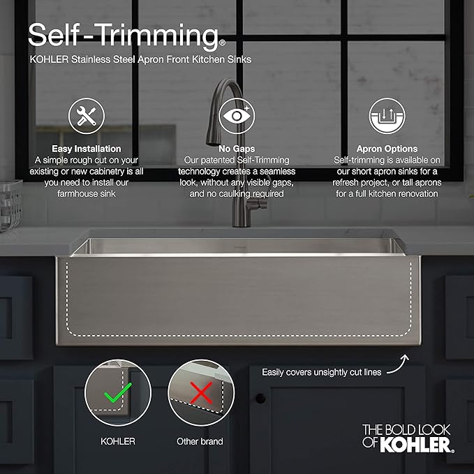 KOHLER Vault 30" Single Bowl 18-Gauge Stainless Steel Apron Front Kitchen Sink Undermount Installation K-3943-NA
