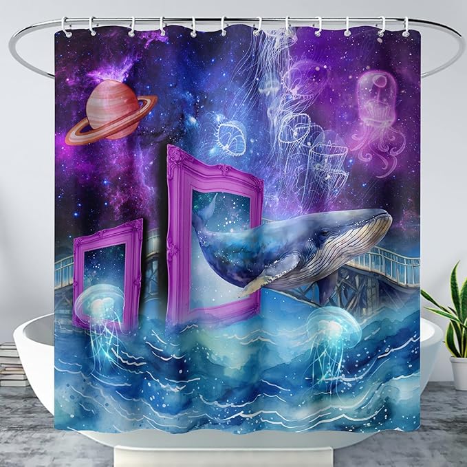 AILONEN 3D Whale Shower Curtains,Purple Galaxy Bath Curtains,Ocean Jellyfish Curtains for Kids Girls,Polyester Waterproof for Bathroom with 12 Hooks,72" W*72" H Purple