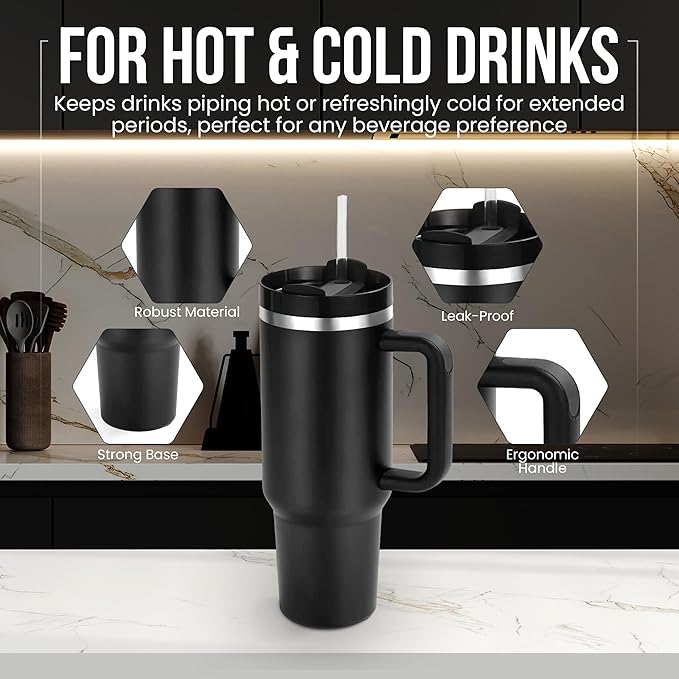 Generic Cup Inspired 40oz Insulated Water Tumbler with Handle & Straw - Vacuum Sealed Travel Mug for Hot & Cold Drinks, Ideal for Office & Home (Black)