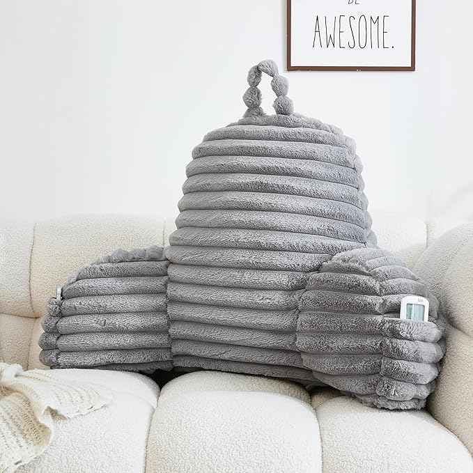 WERDIM Reading Pillow for Sitting in Bed, Faux Fur Back Pillow for Bed Rest, Bed Chair Pillow with Arms and Pockets(Standard, Grey)