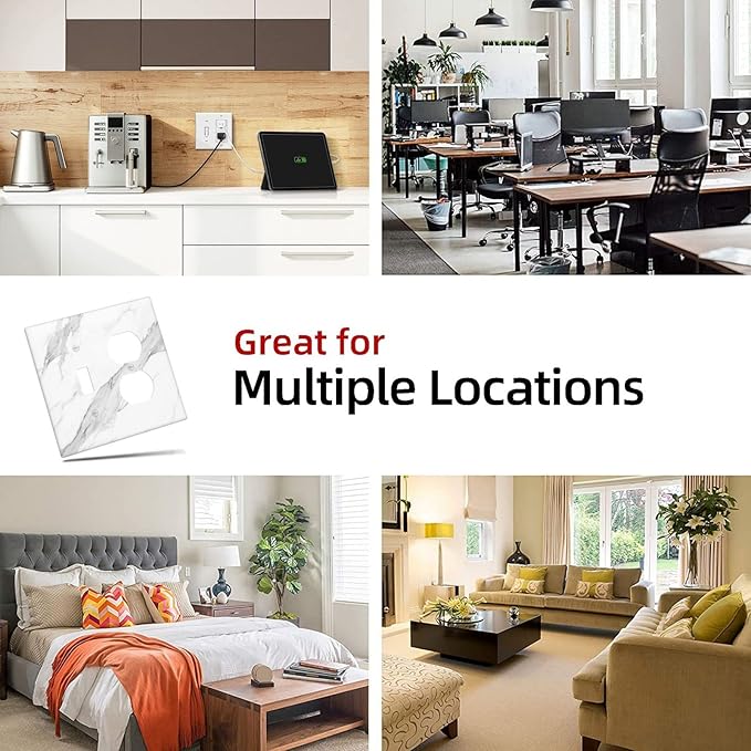 Marble Grey Wall Plate Decorative Light Switch Cover 2-Gang Combo Toggle/Duplex Outlet Faceplate for Bedroom Kitchen Farmhouse White