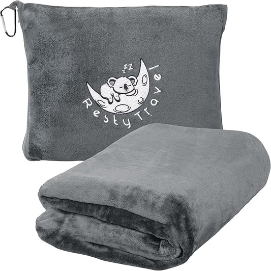 Resty Travel Blanket - Compact Airplane Blanket with Bag - Small and Lightweight Traveling Blanket & Pillow - Portable Blankets with Carabiner for Easy Transport - Plane Train Car (Deep Gray)