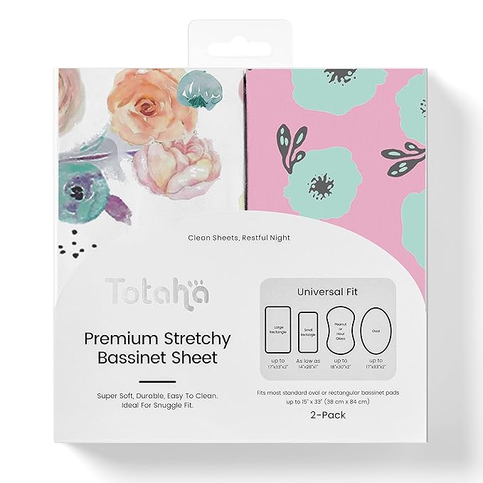 TotAha Premium Stretchy Bassinet Cradle Sheets (2-Pack) -Hypoallergenic, Silky Comfort, Buttery Soft, Calming Effect, All-Season Jersey-Knit Sheets,32 X 16 X 3''(Colorful Flora & Blue Flowers)
