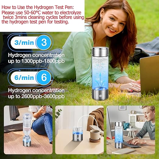 Hydrogen Water Bottle, Hydrogen Water Bottle Generator with SPE PEM Technology Water Ionizer, Hydrogen Water Machine Improve Water in 3 Minutes for Home, Office, Travel (15oz 3in1 Silver)