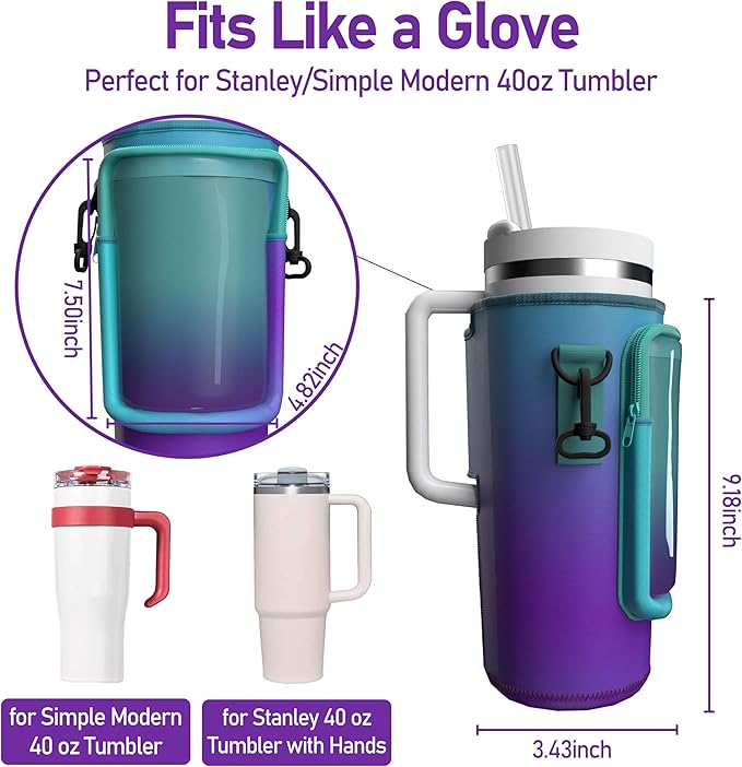Water Bottle Carrier Bag with Phone Pocket for 40oz Tumbler with Handle, Adjustable Strap Neoprene Water Bottle Sleeve Pouch for Hiking Camping Travelling. (Purple)