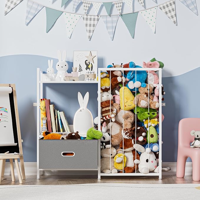 Stuffed Animal Storage, Metal Toy Storage Organizer Shelf with Kids Bookshelf, Sturdy Plushie Toys Holder Bin Multipurpose Toys Book Rack Zoo Cage for Kids Room, Nursery, PlayRoom, Birthday, White