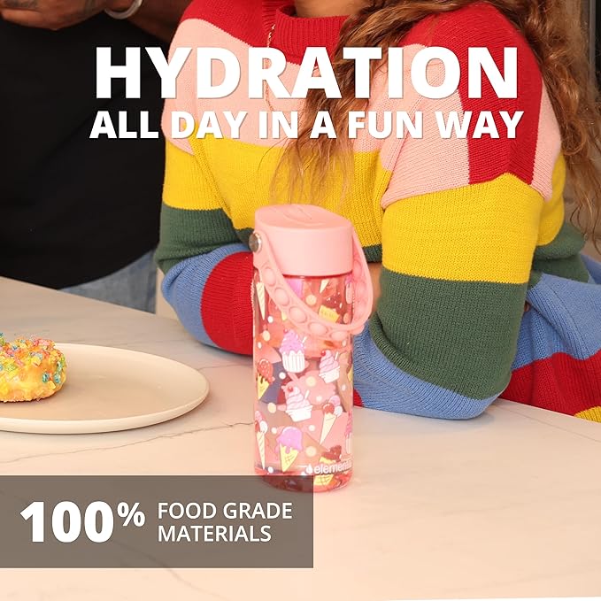 Elemental Leak Proof Water Bottles for Kids - Splash Kids Water Bottle for School with Fun Fidget Pop-it Handle - BPA Free Tritan Plastic Reusable Water Bottle with Straw - Ice Cream - 18oz