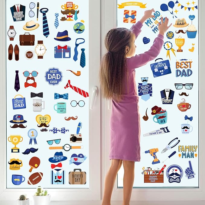 Father Dad Birthday Decoration Window Sticker 8 Sheet 84pcs Door PVC Static Film Sticker, Express Kids Love for Dad Decals Papa Birth Party Decoration for Home Room Car SUV Van Refrigerator