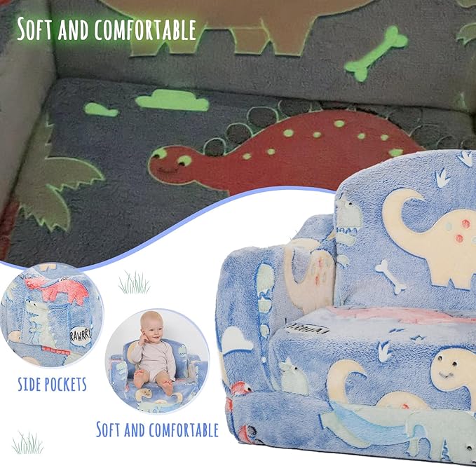 Thick Comfy Toddler Chair and Couch for Kids，2-in-1 Soft Plush Fold Out Sofa for Children，Convertible Couch to Lounger for Toddler