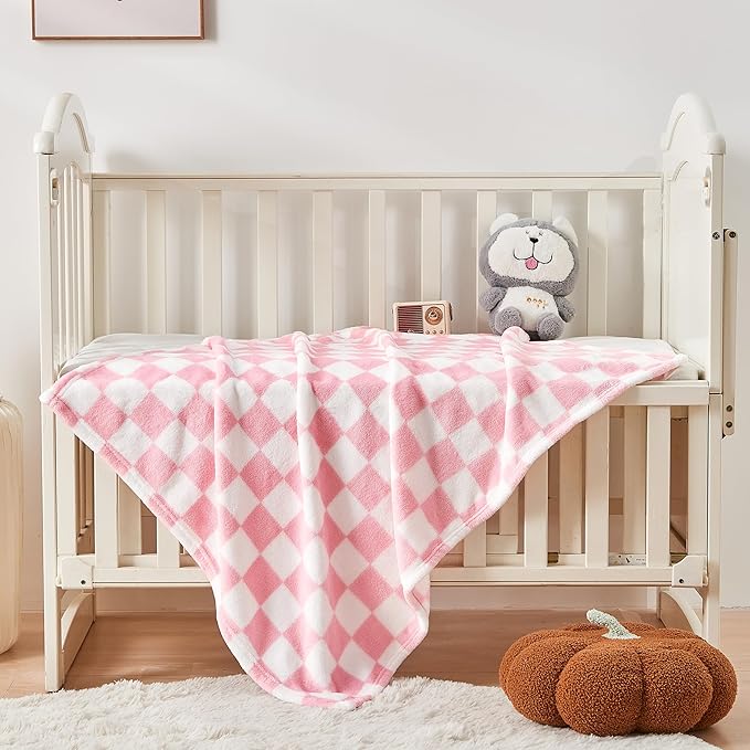 Checkered Baby Blanket for Girls Pink Fleece Baby Blankets for Girls Boys, Warmer Comfort Lightweight Bed Blanket for Toddlers Infants or Newborn, 30''x40'', Pink