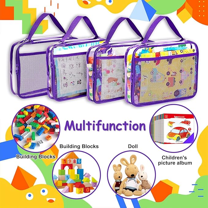 VERONLY 4 Packs PVC Toy Zippered Blocks, Travel Storage Case Bags for Organizing, Waterproof Toy Storage Bags with Mesh Pockets for Building Blocks, Puzzles, Clays,Toy Cars 11.8" Lx3 Wx9 H (Purple).
