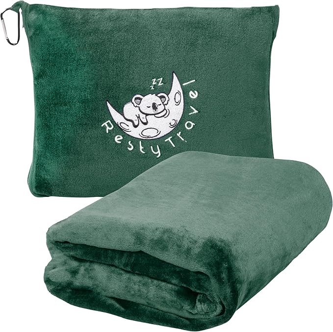 Resty Travel Blanket - Compact Airplane Blanket with Bag - Small and Lightweight Traveling Blanket & Pillow - Portable Blankets with Carabiner for Easy Transport - Plane Train Car (Forest Green)