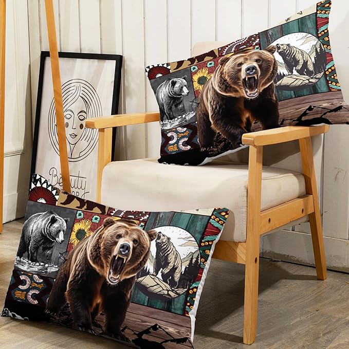 AILONEN Roaring Bear Fitted Sheet Set Queen Size, Rustic Cabin Bed Sheet Set,Wildlife Bedding Grey Bear Plaid Sheet Set,3 Pieces Teen Men Boys Bed Sheet Set,1 Fitted Sheet with 2 Pillowcases