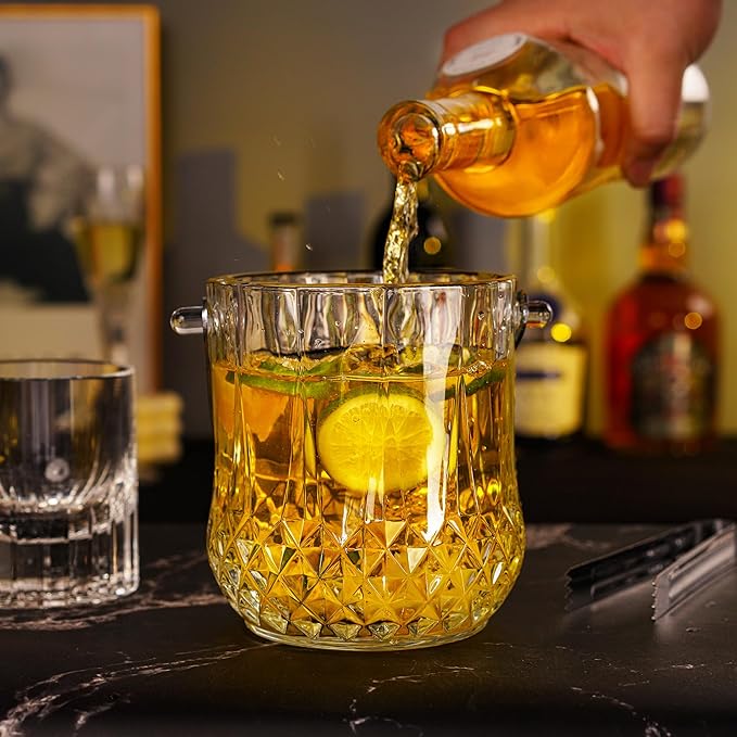 Glass Ice Bucket with Handle and Ice Tong Clear Crystal Ice Buckets for Cocktail Bar Wine Home Bar Accessories Parties Clear Champagne Bucket