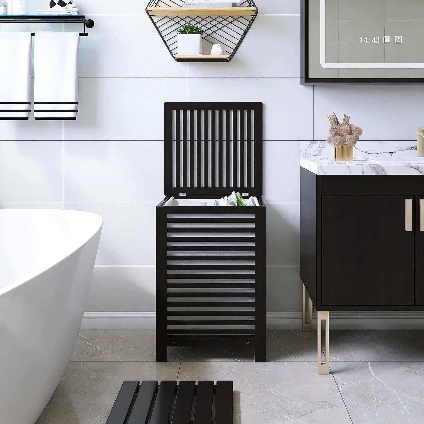 SMIBUY Double Laundry Hamper with Lid, 120L Bamboo Laundry Basket with Removable Liner Bag, 2-Section Clothes Divider Laundry Sorter for Laundry Room, Bathroom, Bedroom (Black)