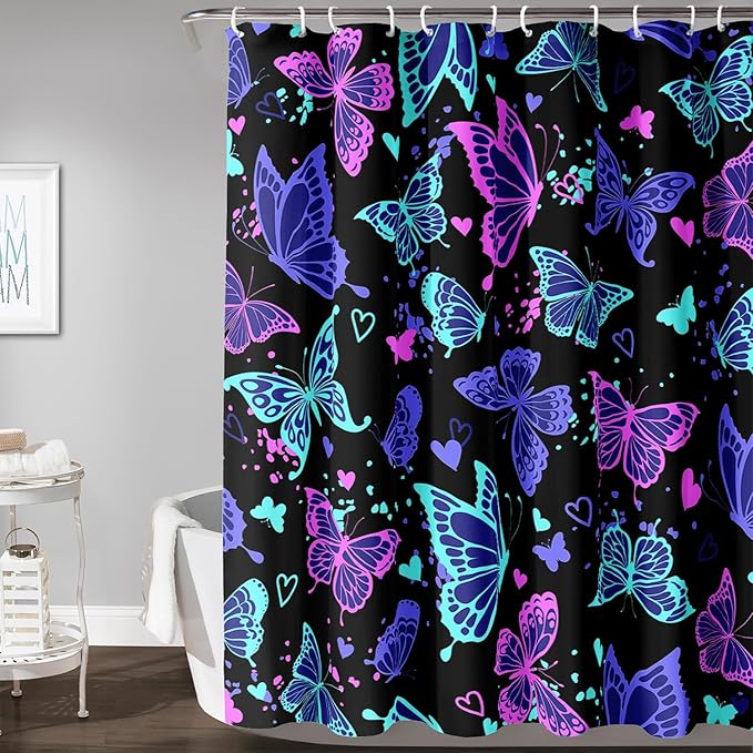 AILONEN Colorful Butterfly Shower Curtain, Butterfly Bath Curtain for Bathroom Decor,Polyester Waterproof with 12 Plastic Hooks 60" W*72" H