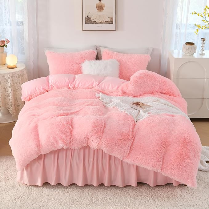 Litanika Fluffy Pink Comforter King Size, Luxury Shaggy Faux Fur Bedding Set Cute for Women Girls, Ultra Soft Velvet Plush Comforter King Bed 3 Pieces(1 Fuzzy Comforter 104×90 Inch, 2 Pillowcases)