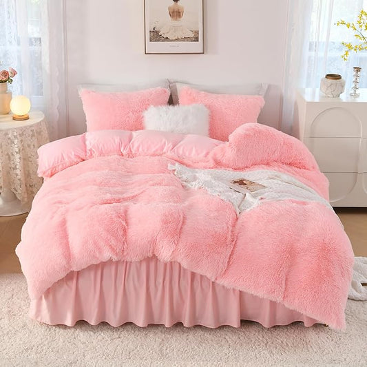 Litanika Pink Fluffy Comforter Queen Size, Luxury Shaggy Faux Fur Bedding Set Cute for Women Girls, Ultra Soft Velvet Fuzzy Comforter Queen Bed 3 Pieces(1 Plush Comforter 90×90 Inch, 2 Pillowcases)