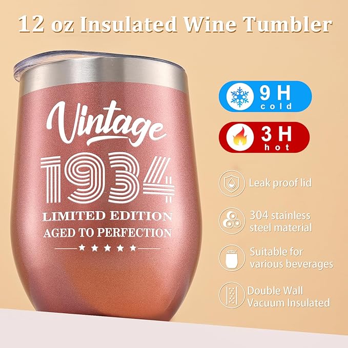 Lifecapido 90th Birthday Gifts for Women, Vintage 1934 Limited Edition Insulated Wine Tumbler with Wine Bag, Gifts for 90 Year Old Woman, 90th Birthday Gift Ideas for Mom Grandma Wine Lover, 12 oz