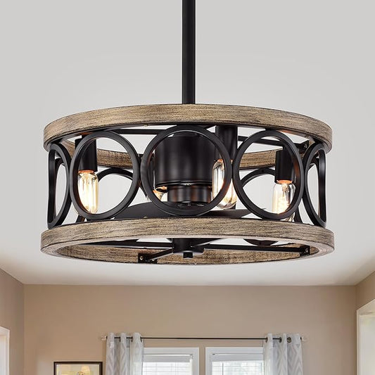 Catrin Wood Grain Ceiling Fan 21-Inch 4-Light Open Metal Drum Shade (Includes Remote)